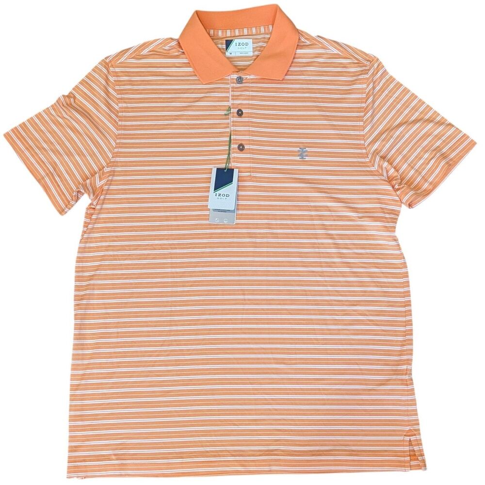 IZOD Performance Polo Shirt Orange Stripe Mens Medium UPF-20 Wicking Golf NEW